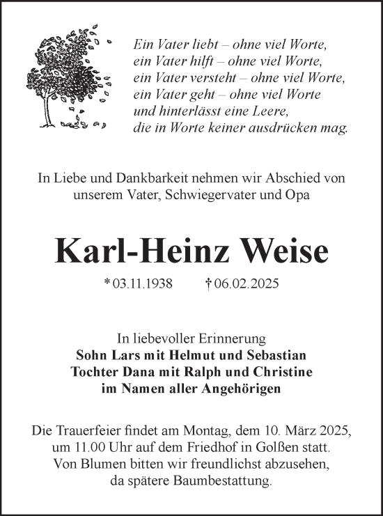 Traueranzeige von Karl-Heinz Weise von Lausitzer Rundschau