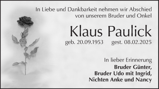 Traueranzeige von Klaus Paulick von Lausitzer Rundschau