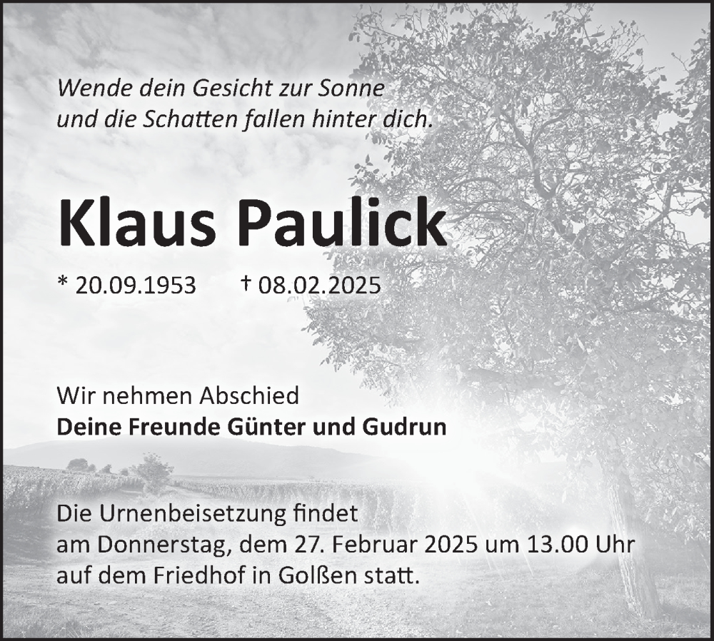  Traueranzeige für Klaus Paulick vom 15.02.2025 aus Lausitzer Rundschau