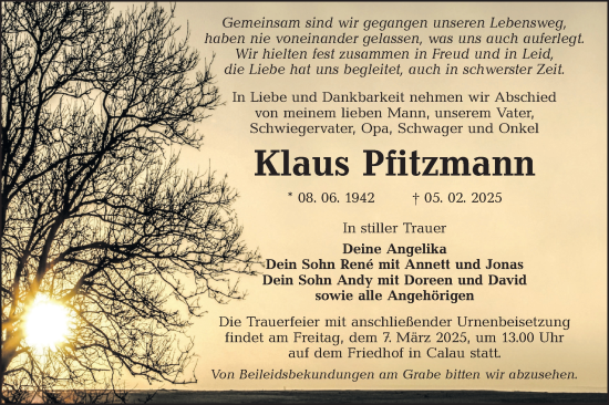 Traueranzeige von Klaus Pfitzmann von Lausitzer Rundschau