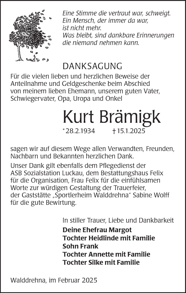  Traueranzeige für Kurt Brämigk vom 22.02.2025 aus Lausitzer Rundschau