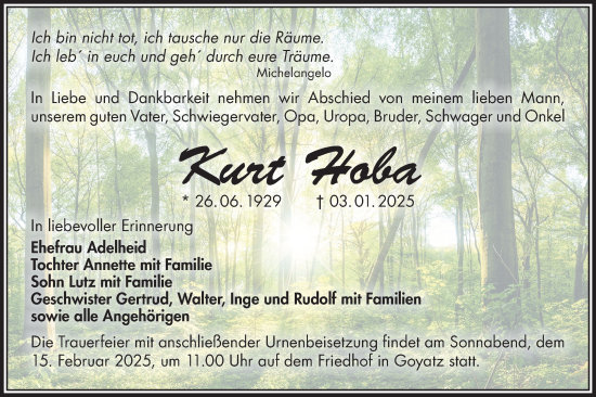 Traueranzeige von Kurt Hoba von Lausitzer Rundschau