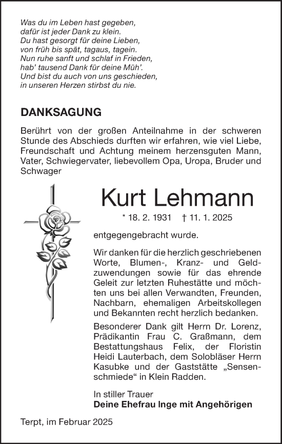 Traueranzeige von Kurt Lehmann von Lausitzer Rundschau