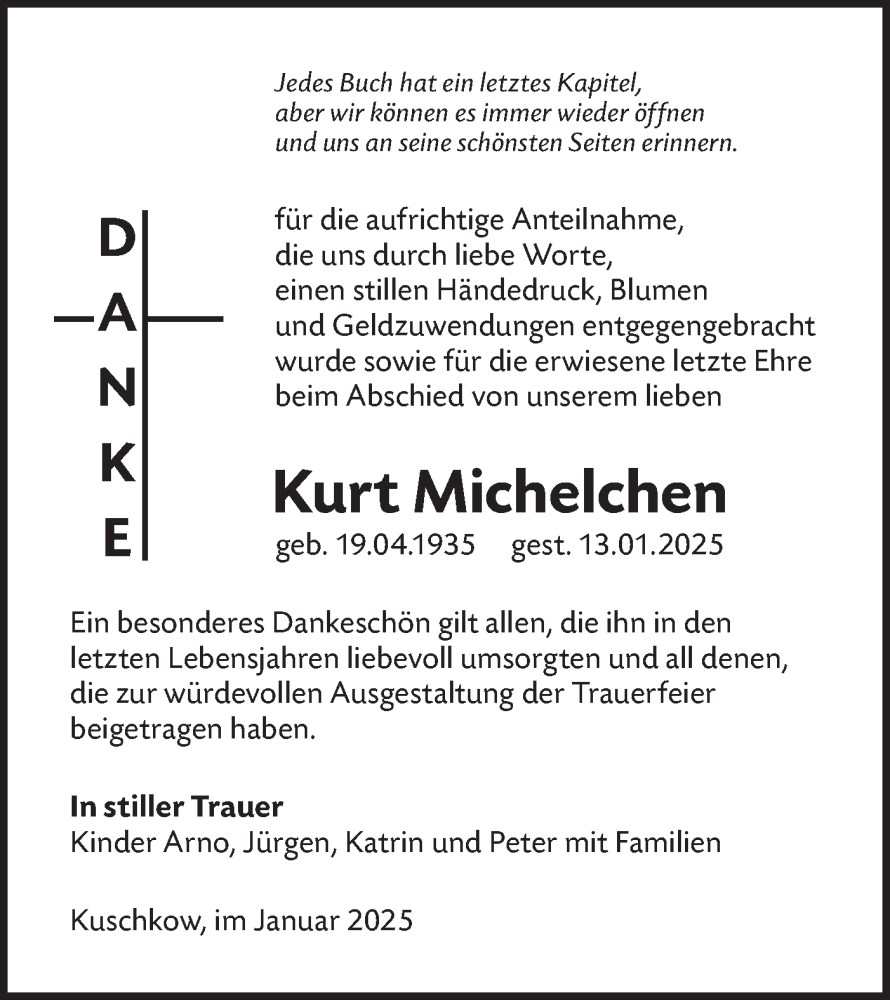  Traueranzeige für Kurt Michelchen vom 08.02.2025 aus Lausitzer Rundschau