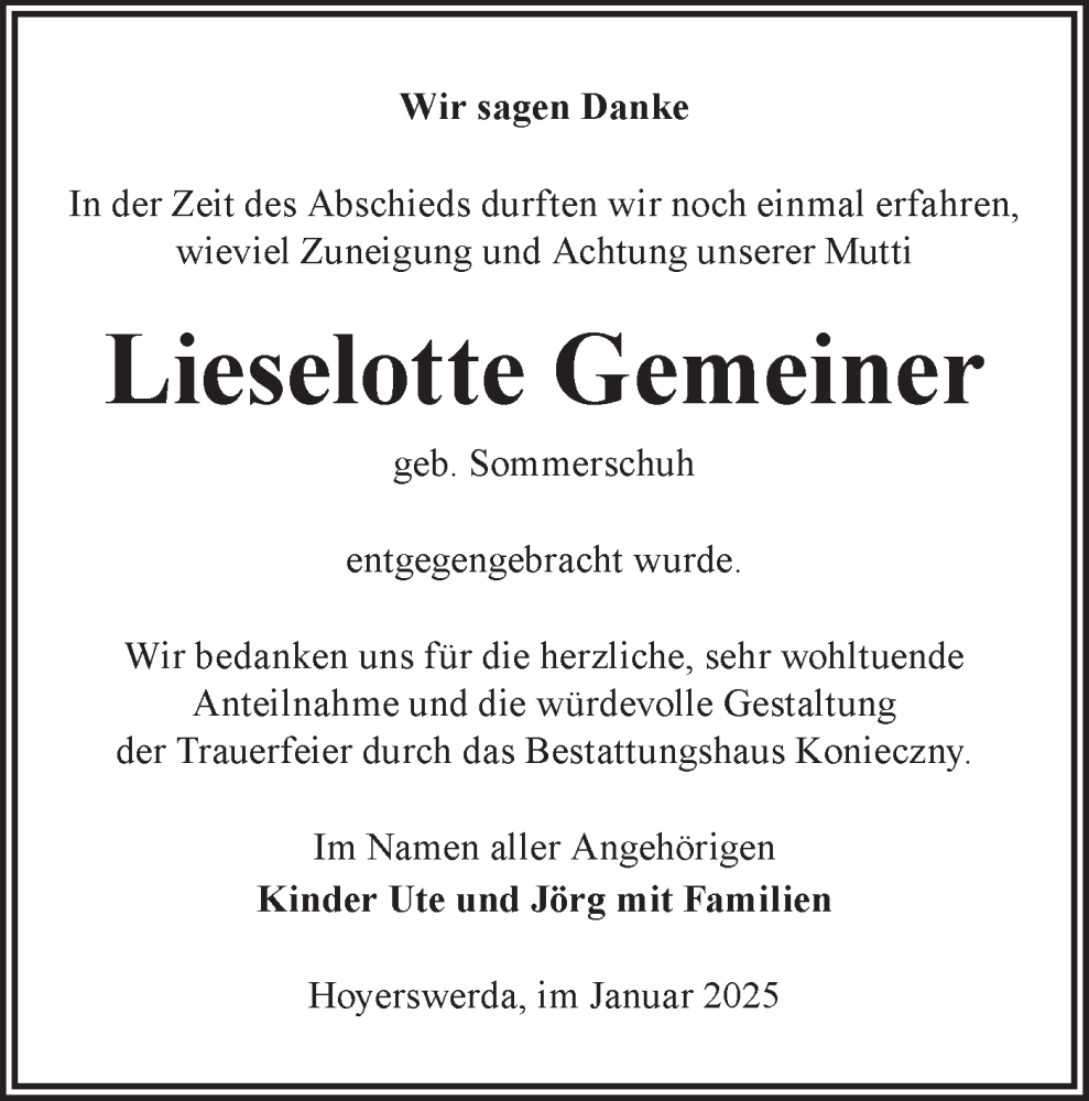  Traueranzeige für Lieselotte Gemeiner vom 01.02.2025 aus Lausitzer Rundschau