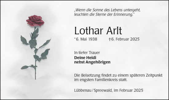 Traueranzeige von Lothar Arlt von Lausitzer Rundschau