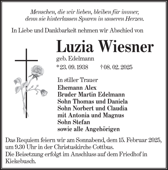 Traueranzeige von Luzia Wiesner von Lausitzer Rundschau