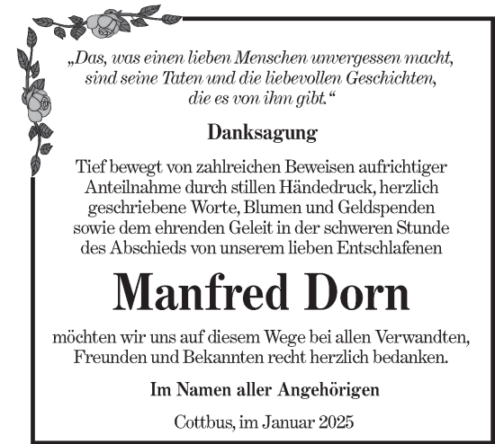 Traueranzeige von Manfred Dorn von Lausitzer Rundschau