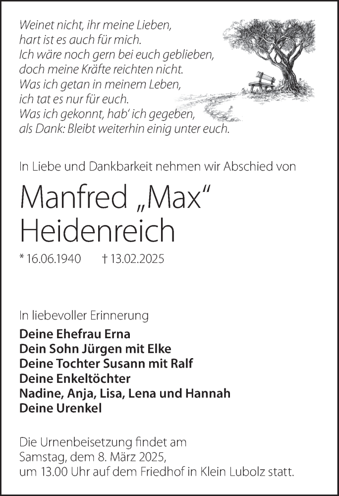  Traueranzeige für Manfred Heidenreich vom 22.02.2025 aus Lausitzer Rundschau
