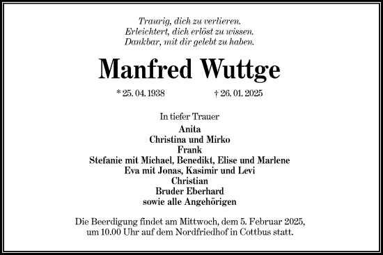 Traueranzeige von Manfred Wuttge von Lausitzer Rundschau