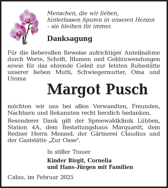 Traueranzeige von Margot Pusch von Lausitzer Rundschau