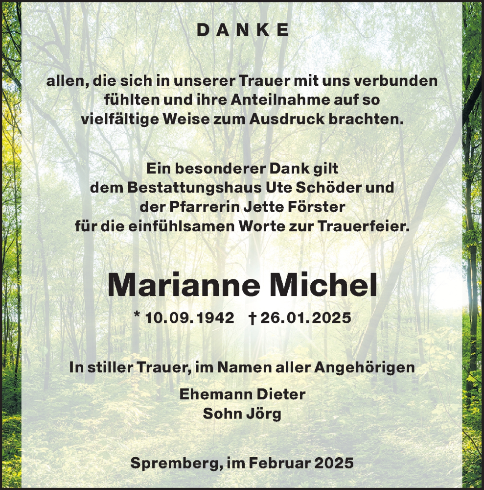  Traueranzeige für Marianne Michel vom 15.02.2025 aus Lausitzer Rundschau