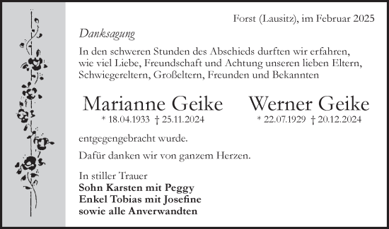 Traueranzeige von Marianne und Werner Geike von Lausitzer Rundschau
