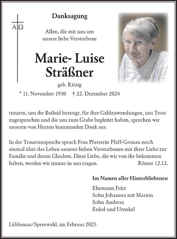  Traueranzeige für Marie-Luise Sträßner vom 01.02.2025 aus Lausitzer Rundschau