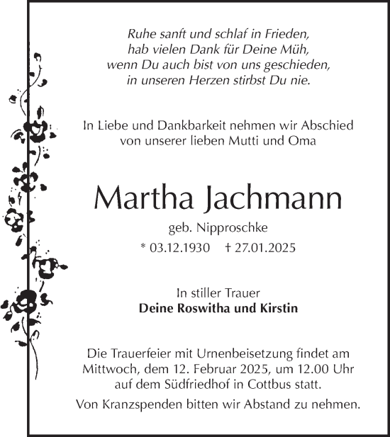 Traueranzeige von Martha Jachmann von Lausitzer Rundschau