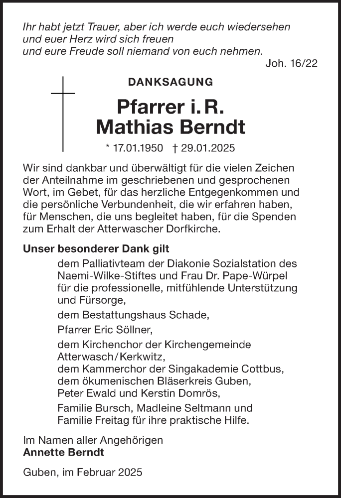  Traueranzeige für Mathias Berndt vom 22.02.2025 aus Lausitzer Rundschau