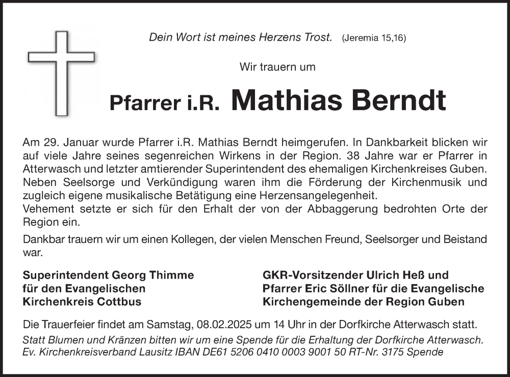  Traueranzeige für Mathias Berndt vom 06.02.2025 aus Lausitzer Rundschau