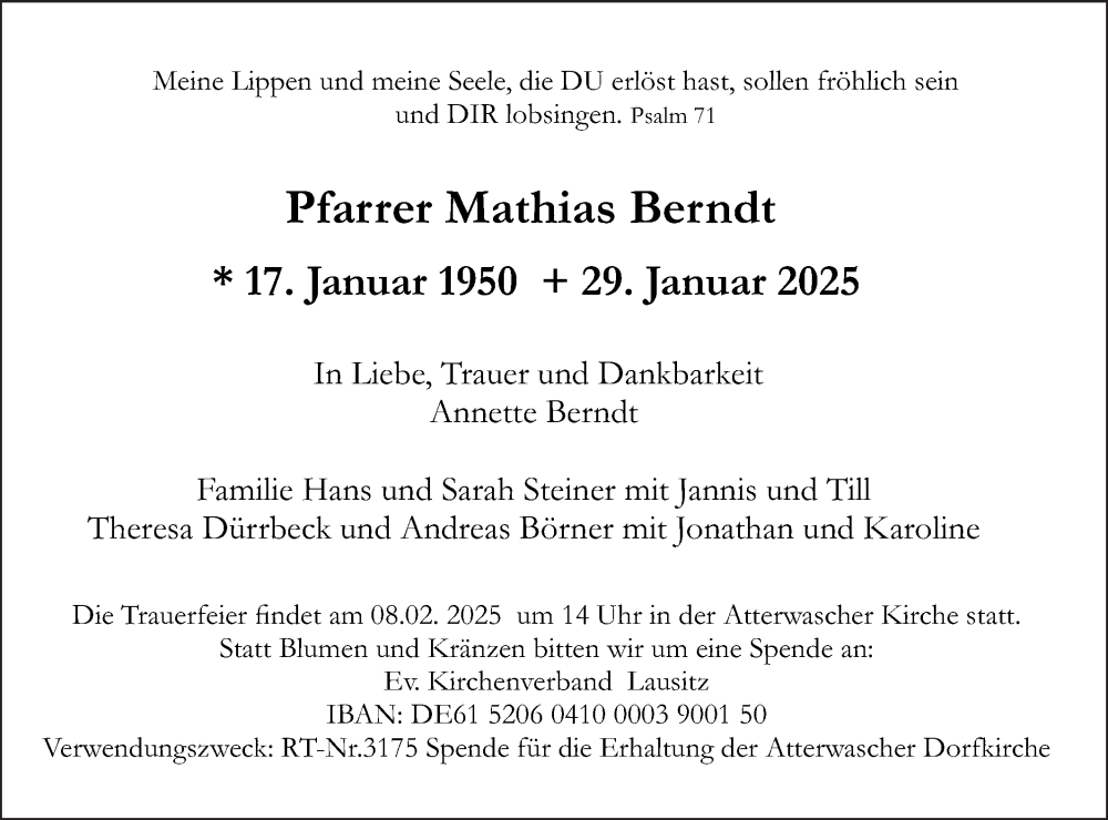  Traueranzeige für Mathias Berndt vom 04.02.2025 aus Lausitzer Rundschau