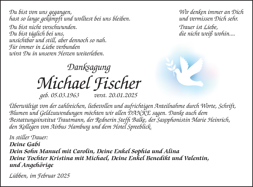  Traueranzeige für Michael Fischer vom 22.02.2025 aus Lausitzer Rundschau