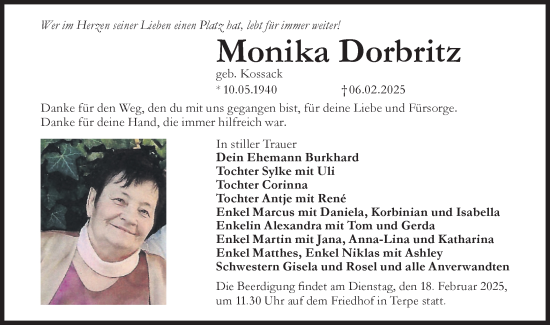 Traueranzeige von Monika Dorbritz von Lausitzer Rundschau