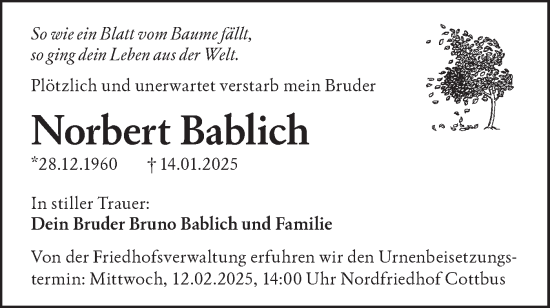 Traueranzeige von Norbert Bablich von Lausitzer Rundschau