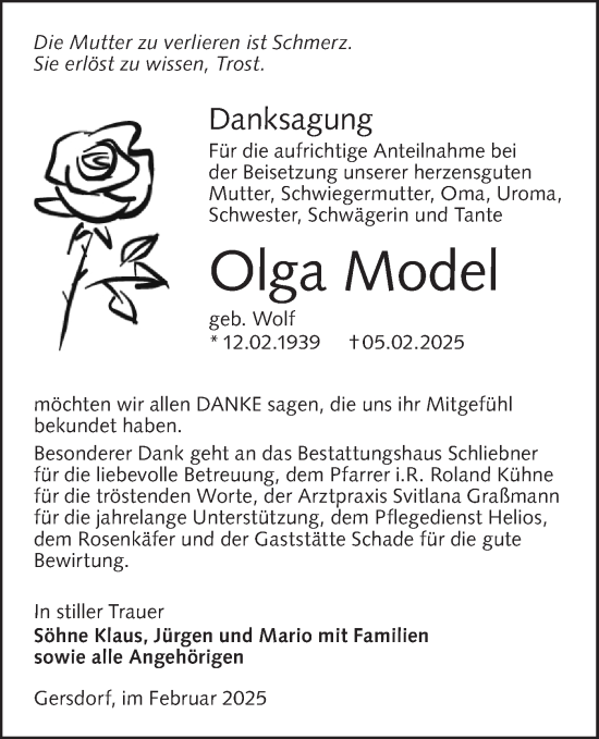 Traueranzeige von Olga Model von Lausitzer Rundschau