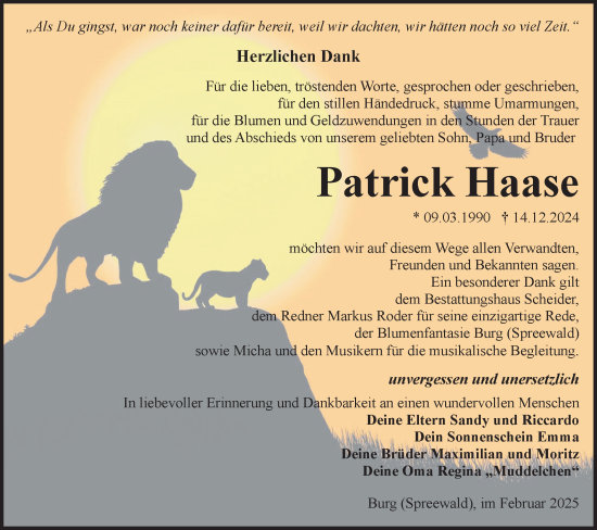 Traueranzeige von Patrick Haase von Lausitzer Rundschau