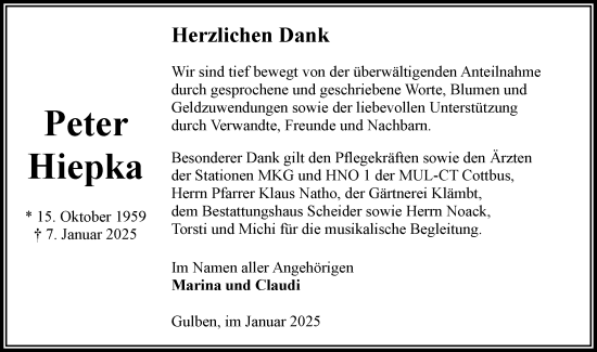 Traueranzeige von Peter Hiepka von Lausitzer Rundschau