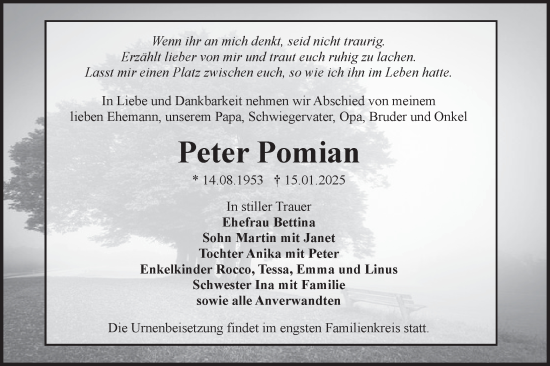 Traueranzeige von Peter Pomian von Lausitzer Rundschau