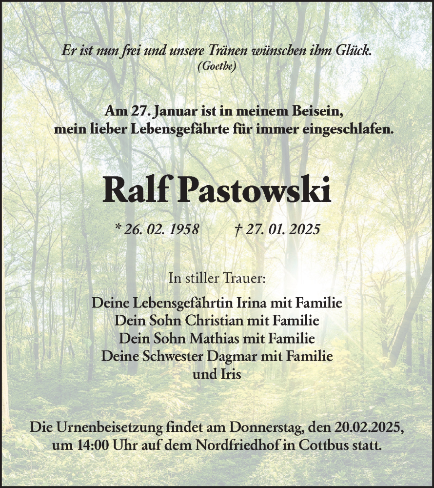  Traueranzeige für Ralf Pastowski vom 15.02.2025 aus Lausitzer Rundschau