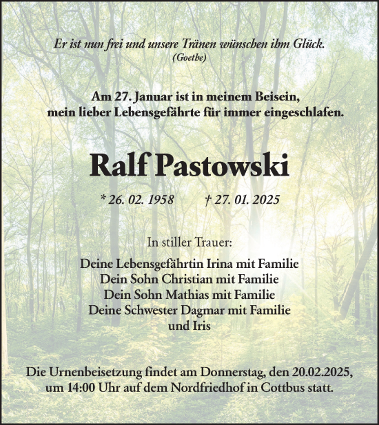 Traueranzeige von Ralf Pastowski von Lausitzer Rundschau