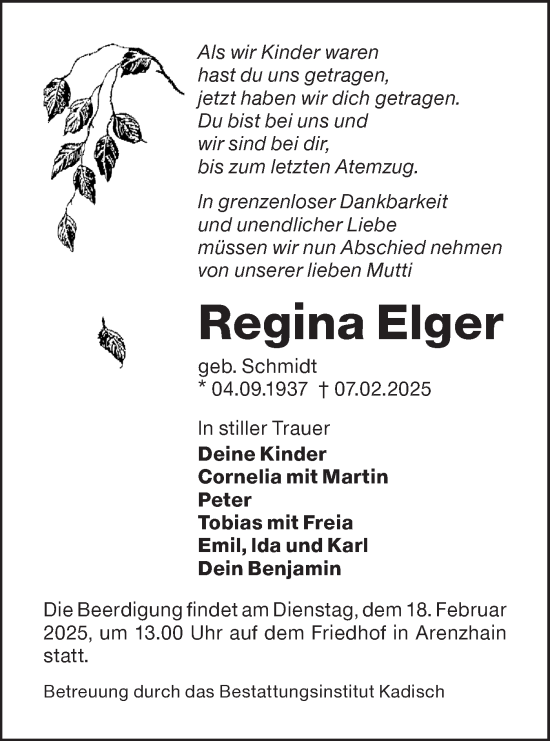Traueranzeige von Regina Elger von Lausitzer Rundschau