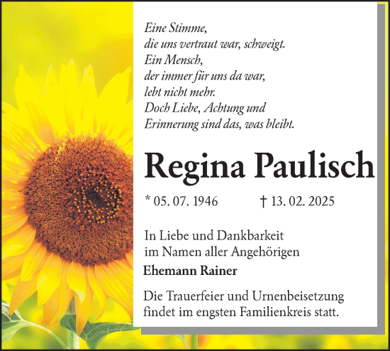 Traueranzeige von Regina Paulisch von Lausitzer Rundschau