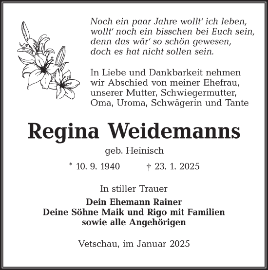 Traueranzeige von Regina Weidemanns von Lausitzer Rundschau