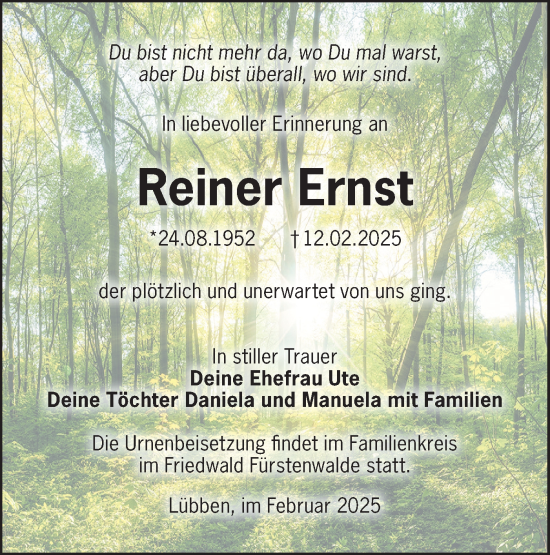 Traueranzeige von Reiner Ernst von Lausitzer Rundschau