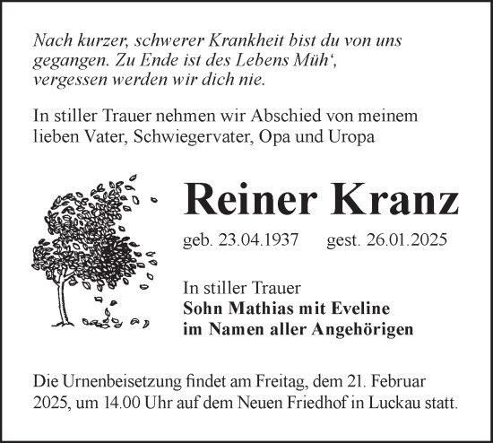 Traueranzeige von Reiner Kranz von Lausitzer Rundschau