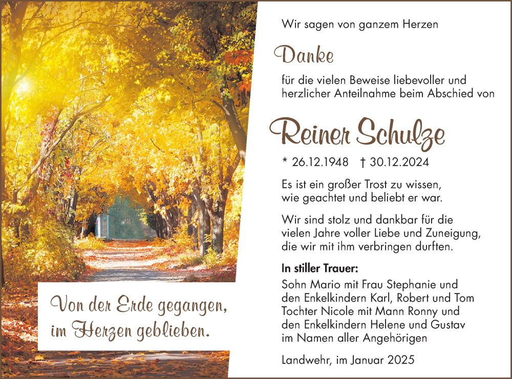  Traueranzeige für Reiner Schulze vom 01.02.2025 aus Lausitzer Rundschau