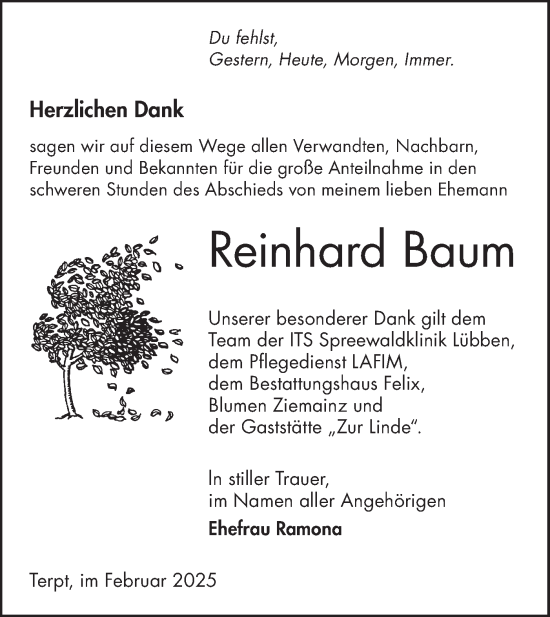 Traueranzeige von Reinhard Baum von Lausitzer Rundschau