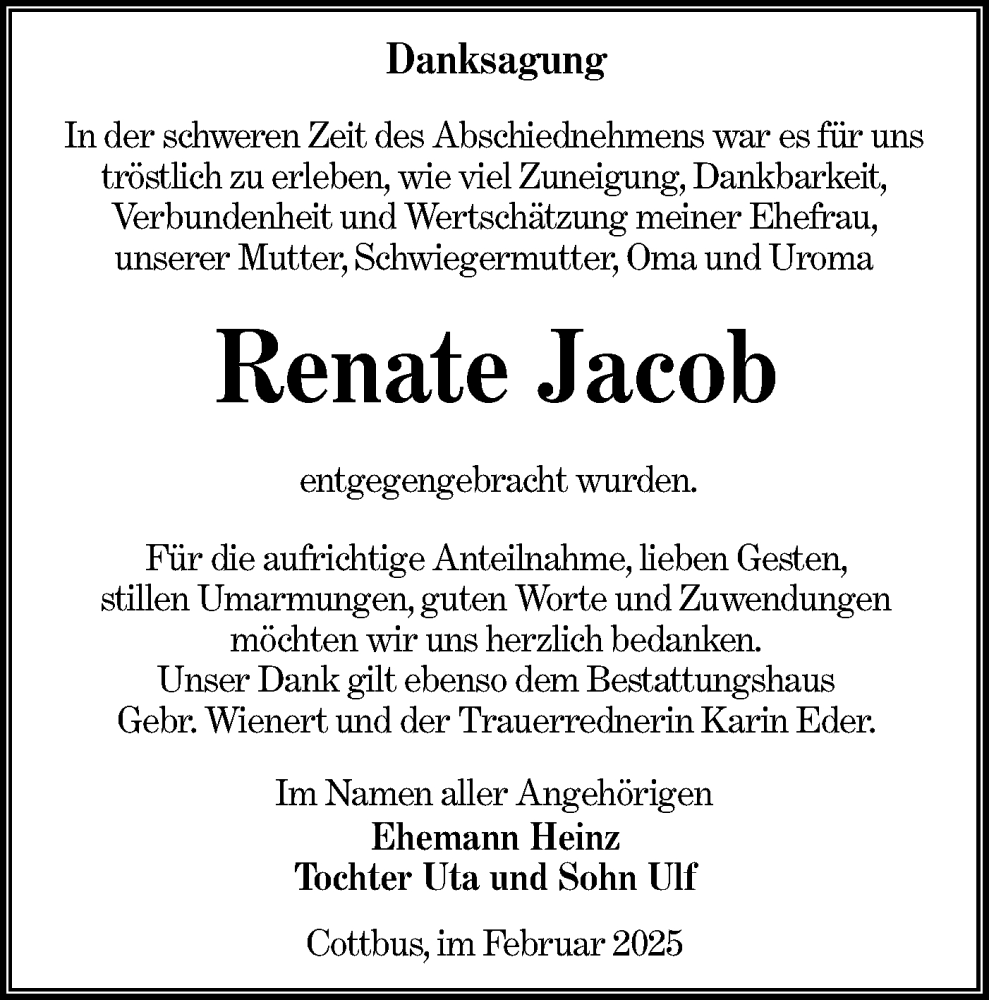  Traueranzeige für Renate Jacob vom 22.02.2025 aus Lausitzer Rundschau