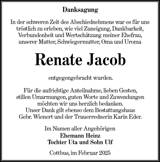 Traueranzeige von Renate Jacob von Lausitzer Rundschau