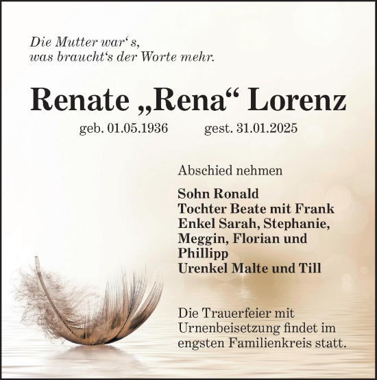 Traueranzeige von Renate Lorenz von Lausitzer Rundschau