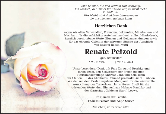 Traueranzeige von Renate Petzold von Lausitzer Rundschau