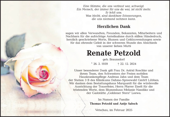 Traueranzeige von Renate Petzold von Lausitzer Rundschau
