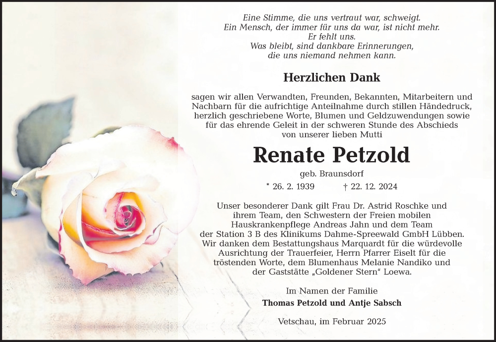  Traueranzeige für Renate Petzold vom 08.02.2025 aus Lausitzer Rundschau