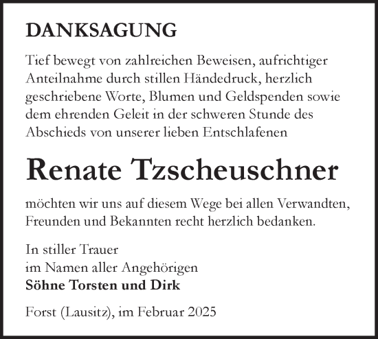 Traueranzeige von Renate Tzscheuschner von Lausitzer Rundschau