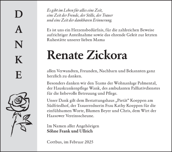 Traueranzeige von Renate Zickora von Lausitzer Rundschau