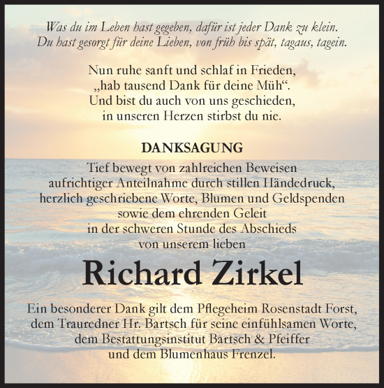 Traueranzeige von Richard Zirkel von Lausitzer Rundschau