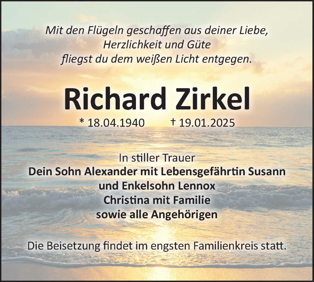  Traueranzeige für Richard Zirkel vom 01.02.2025 aus Lausitzer Rundschau