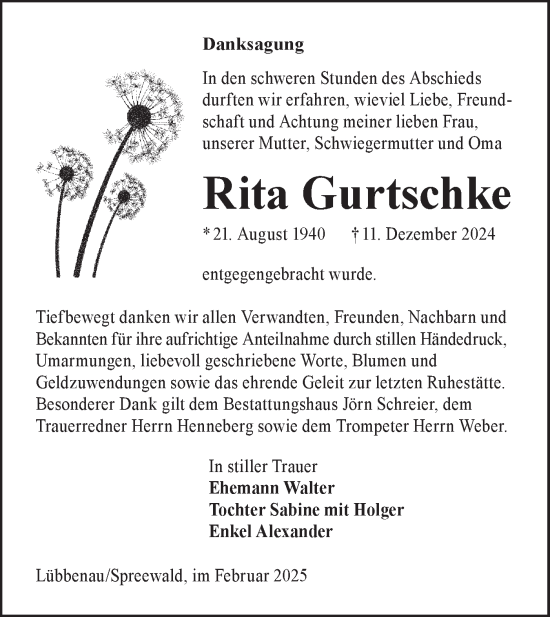 Traueranzeige von Rita Gurtschke von Lausitzer Rundschau