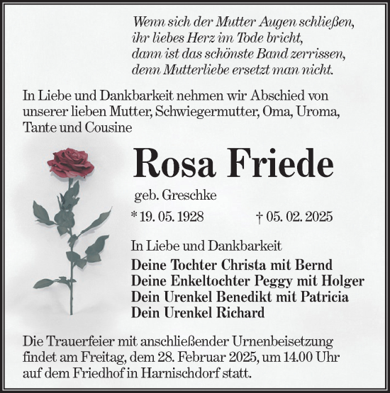 Traueranzeige von Rosa Friede von Lausitzer Rundschau